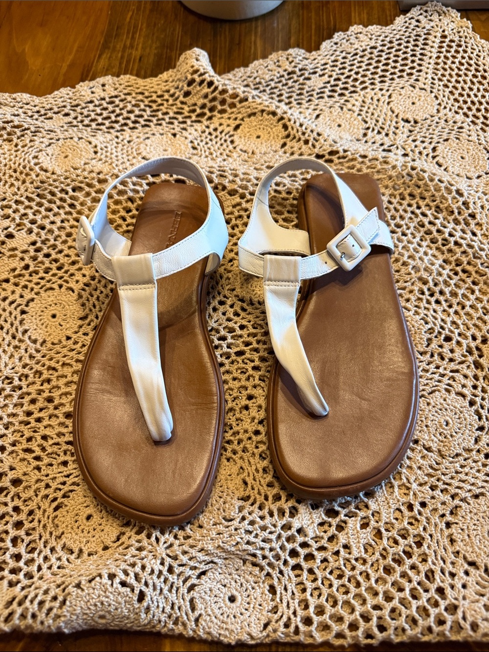 White Leather Thong Sandals with Brown Footbed